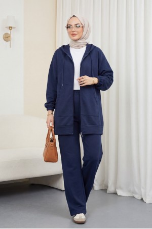 Fermuarlı Kapşonlu Penye Takım -İndigo