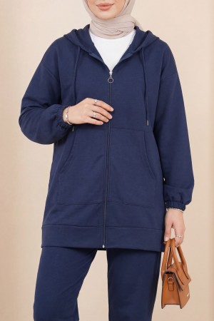 Zippered Hooded Combed Cotton Set -İndigo
