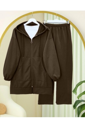 Zippered Hooded Combed Cotton Set -Brown