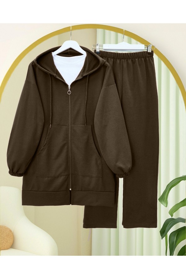 Zippered Hooded Combed Cotton Set -Brown