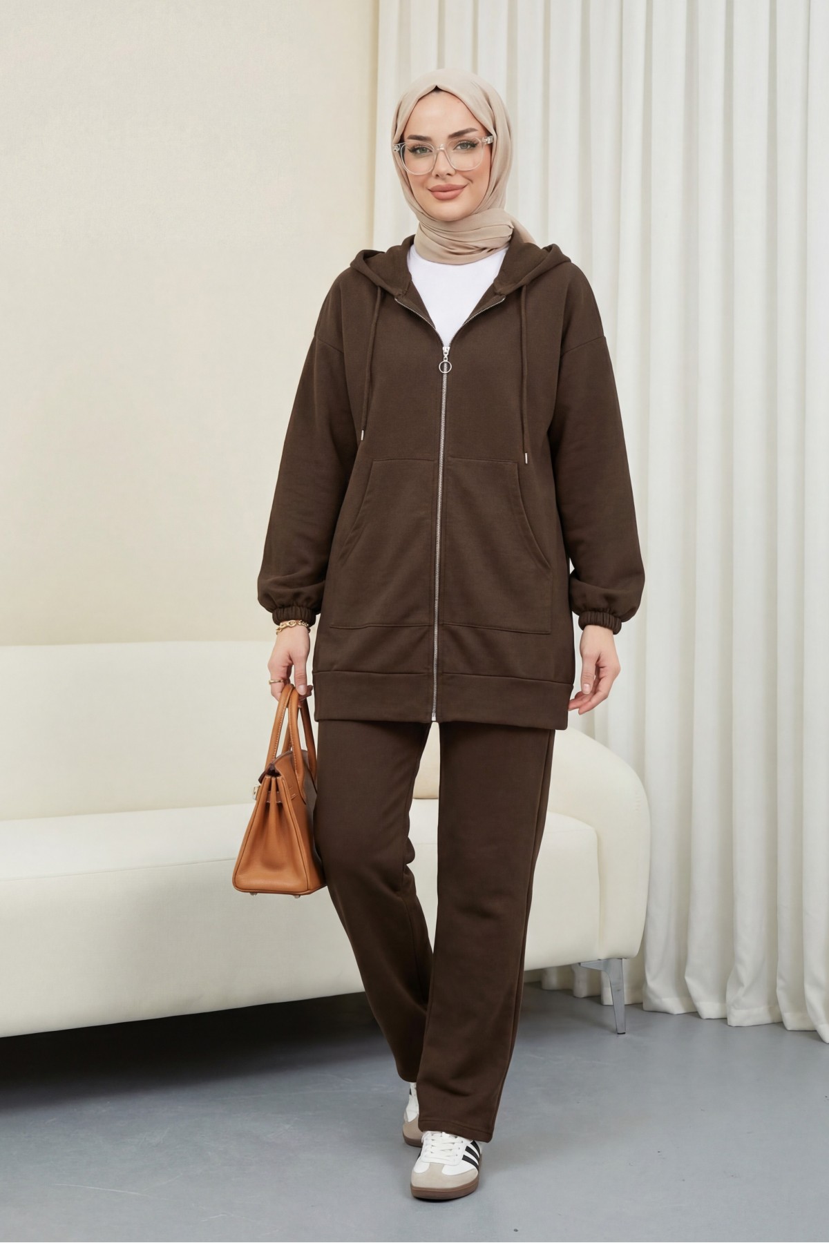 Zippered Hooded Combed Cotton Set -Brown