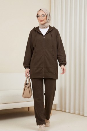 Zippered Hooded Combed Cotton Set -Brown