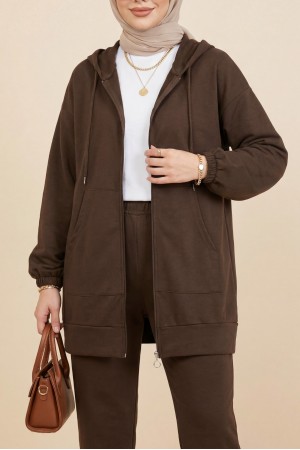 Zippered Hooded Combed Cotton Set -Brown