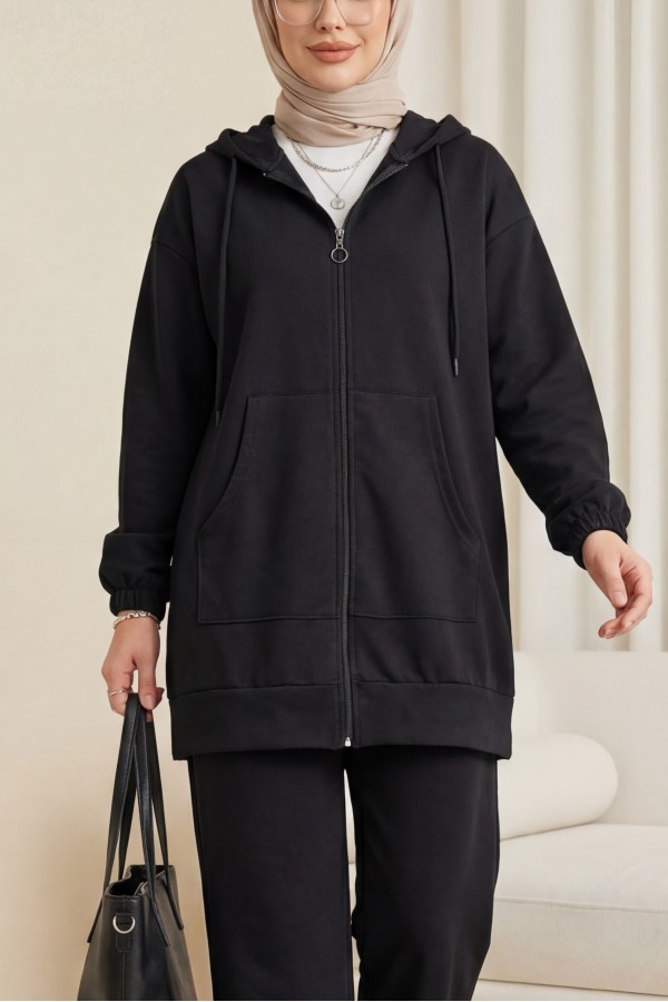 Zippered Hooded Combed Cotton Set -Black