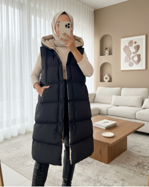 Kapşonlu Çift Taraflı Şişme Yelek -Siyah