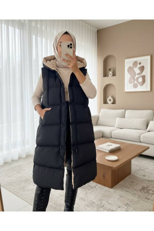 Kapşonlu Çift Taraflı Şişme Yelek -Siyah