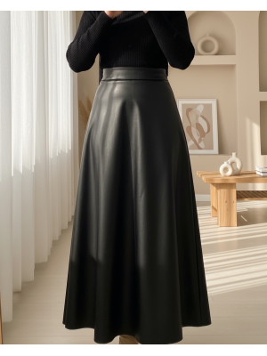 Beli Lastikli Düz Deri Etek (1962) -Siyah