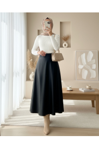 Beli Lastikli Düz Deri Etek (1962) -Siyah
