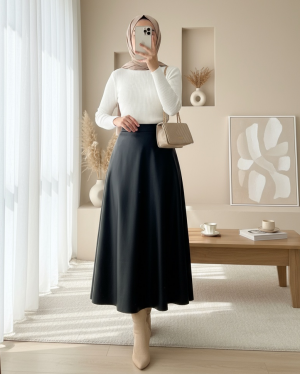 Beli Lastikli Düz Deri Etek (1962) -Siyah