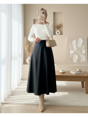 Beli Lastikli Düz Deri Etek (1962) -Siyah