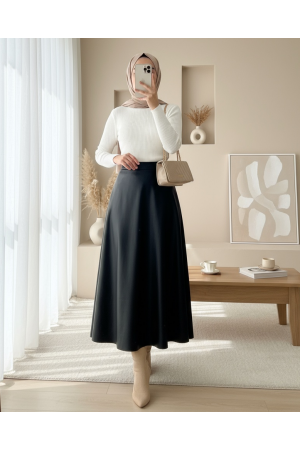 تنورة جلدية مستقيمة مع خصر مطاطي -أسود