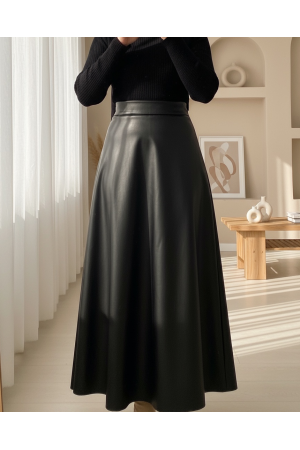 تنورة جلدية مستقيمة مع خصر مطاطي -أسود