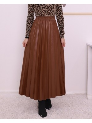Beli Lastikli Pliseli Deri Etek -Taba