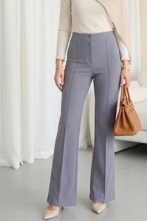 Düğmeli Likralı Pantolon -Gri