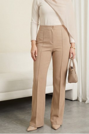 Düğmeli Likralı Pantolon -Vizon