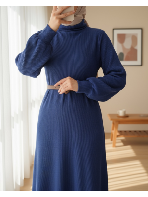 Turtleneck Corduroy Dress -İndigo