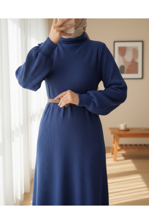 فستان قصير بياقة مدورة -اللون النيلي