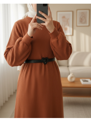 Turtleneck Corduroy Dress -Brick color