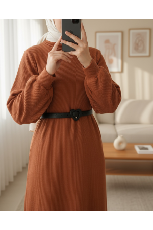 فستان قصير بياقة مدورة -لون القرميد