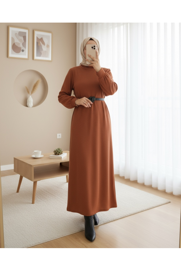 Turtleneck Corduroy Dress -Brick color