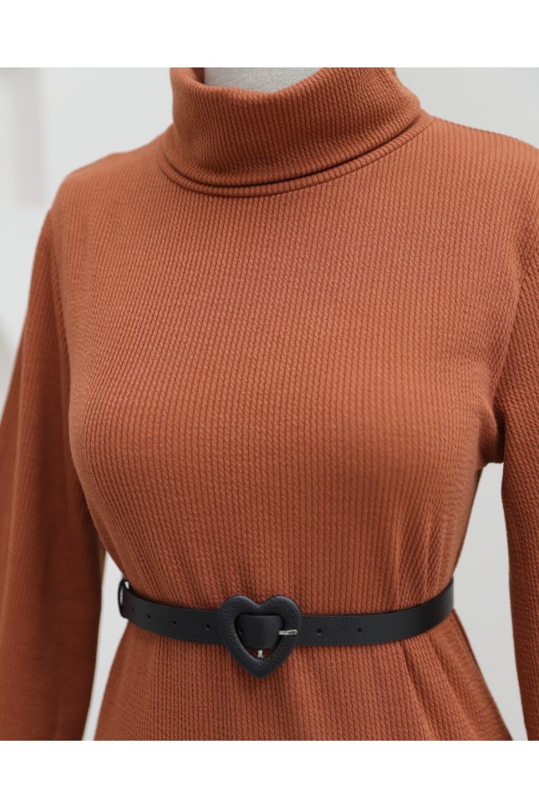 Turtleneck Corduroy Dress -Brick color