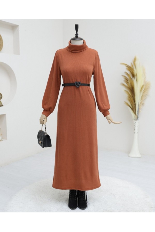 Turtleneck Corduroy Dress -Brick color