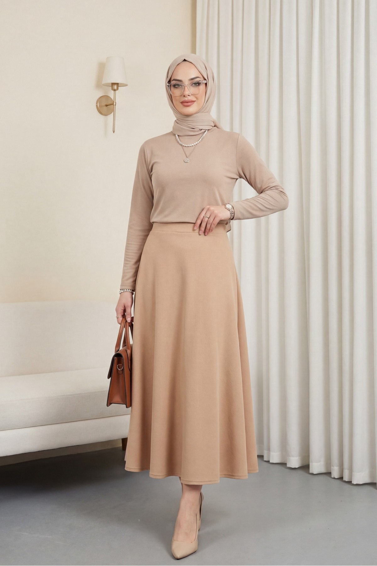 İthal Likralı Krep Kumaş Kiloş Çan Etek -Mink color