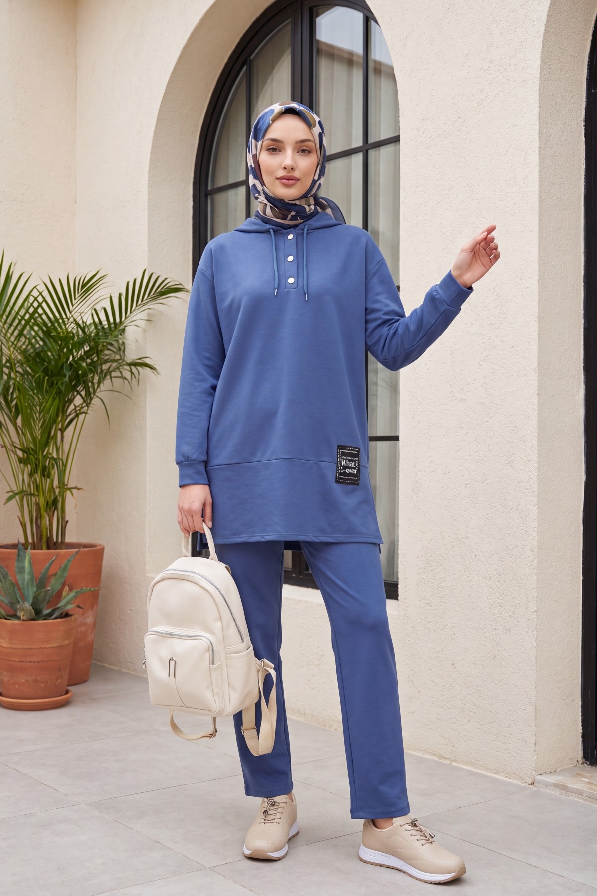 Double Combed Cotton Suit with Snap Fastener Crest Detail -İndigo