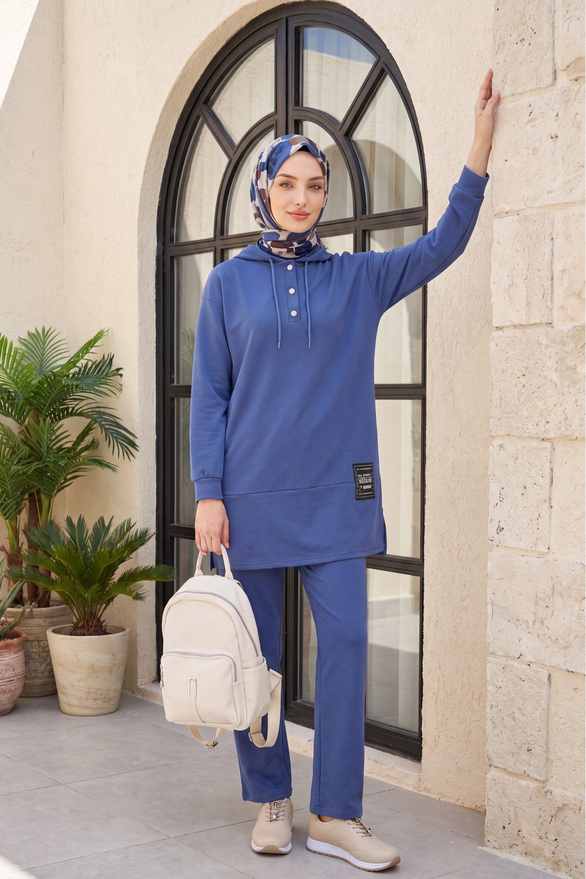 Double Combed Cotton Suit with Snap Fastener Crest Detail -İndigo
