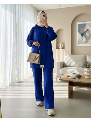 Kapşonlu Arma Detaylı Penye Takım -Saks