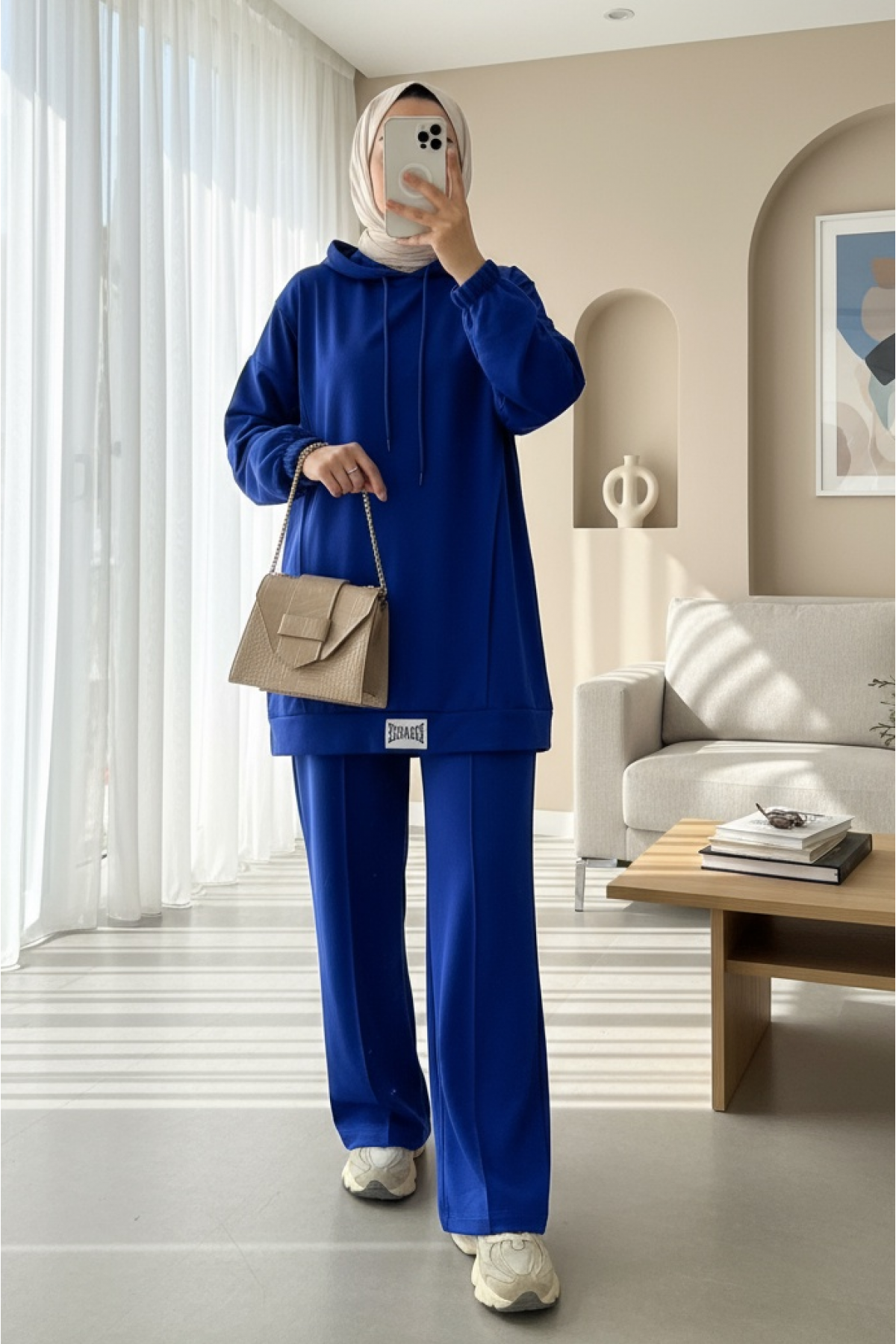 Hooded Combed Cotton Suit with Crest Detail -Saxe 