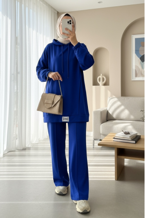 Kapşonlu Arma Detaylı Penye Takım -Saks