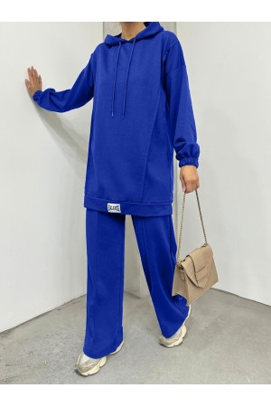 بدلة قطنية ممشطة بغطاء للرأس مع تفاصيل شعار -أزرق شامي