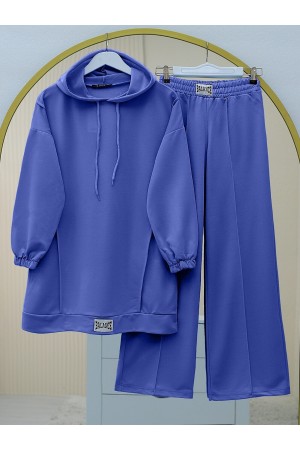 بدلة قطنية ممشطة بغطاء للرأس مع تفاصيل شعار -أزرق شامي