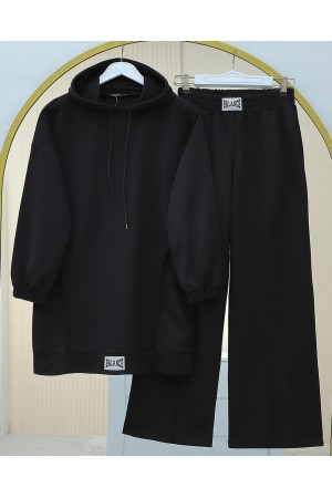 بدلة قطنية ممشطة بغطاء للرأس مع تفاصيل شعار -أسود