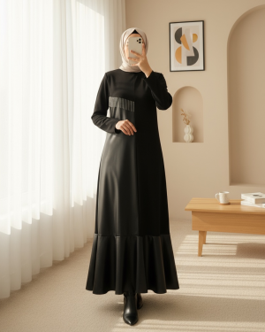 Leather Detailed Metal Chain Dress -Black