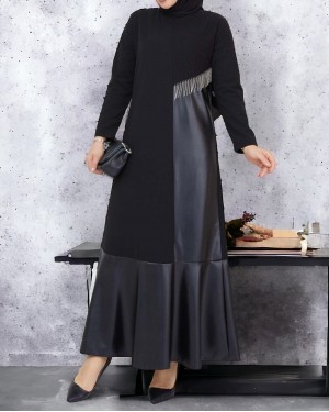 Leather Detailed Metal Chain Dress -Black