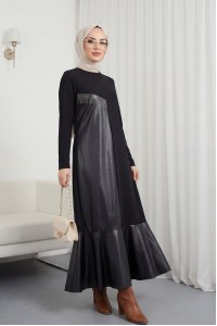 Deri Detaylı Metal Zincirli Elbise -Siyah