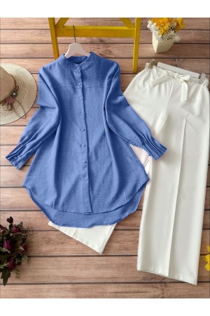 Kol Manşeti Drapeli Oval Kesim Gömlek    -İndigo