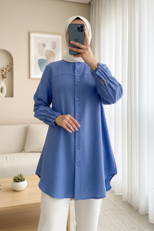 Kol Manşeti Drapeli Oval Kesim Gömlek    -İndigo