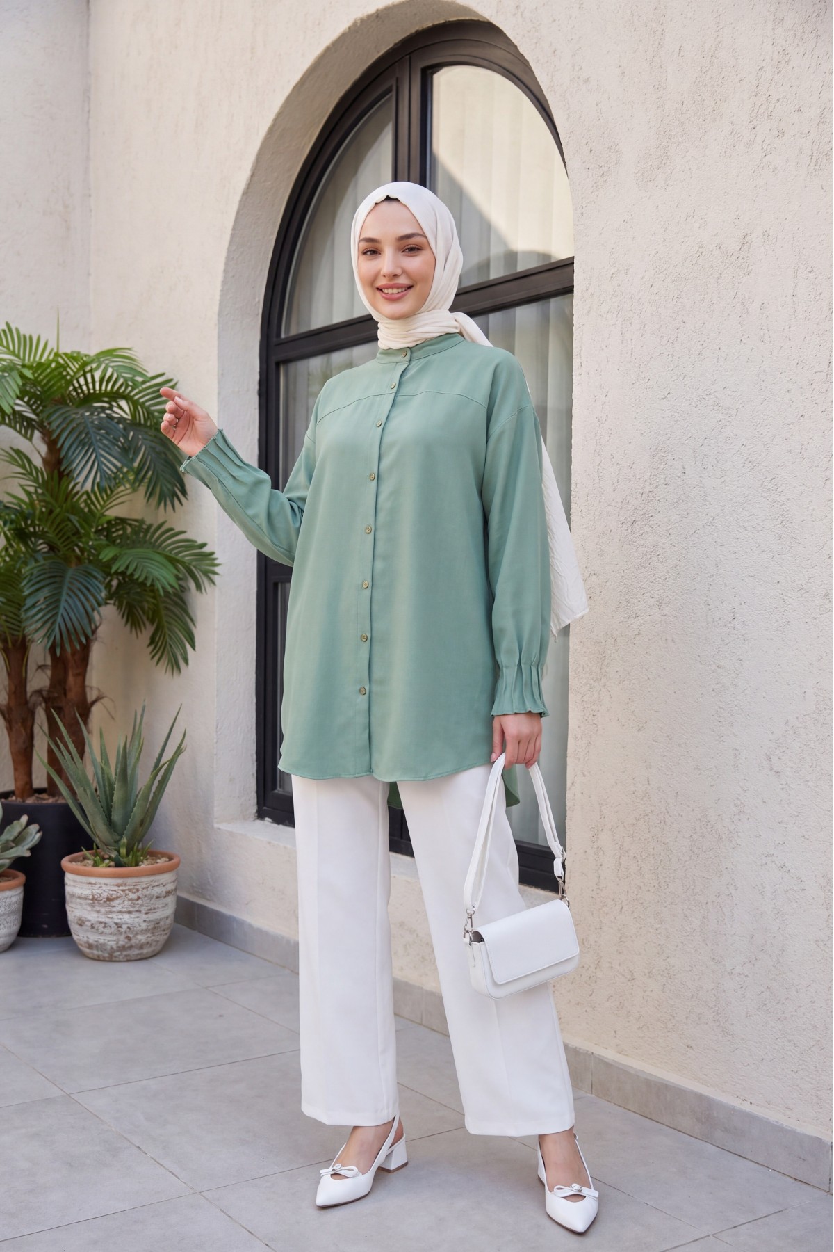 Sleeve Cuff Draped Oval Cut Shirt    -Mint Color