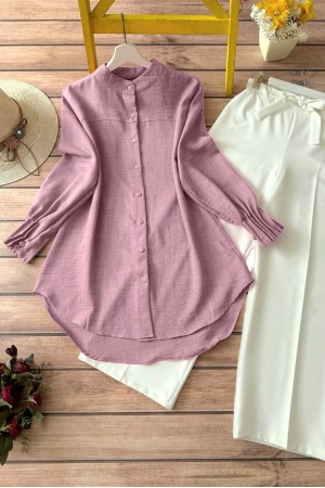 Kol Manşeti Drapeli Oval Kesim Gömlek    -Pudra