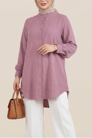 Kol Manşeti Drapeli Oval Kesim Gömlek    -Pudra