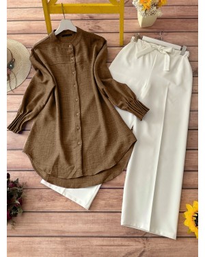 Kol Manşeti Drapeli Oval Kesim Gömlek    -Taba