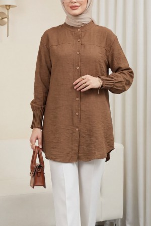 Kol Manşeti Drapeli Oval Kesim Gömlek    -Taba