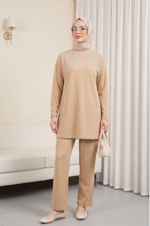 Judge Collar Front Stone Detailed Trousers Suit  -Mink color