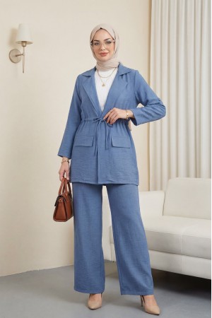 Kapaklı Tünel Köprülü Ceketli Keten Takım -İndigo