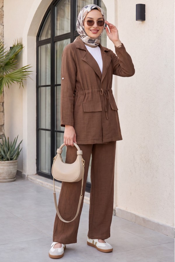 Covered Tunnel Bridge Jacket Linen Set -Brown