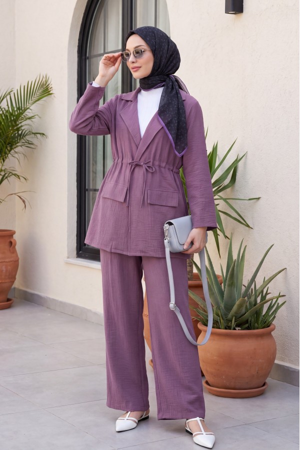 Covered Tunnel Bridge Jacket Linen Set -Damson