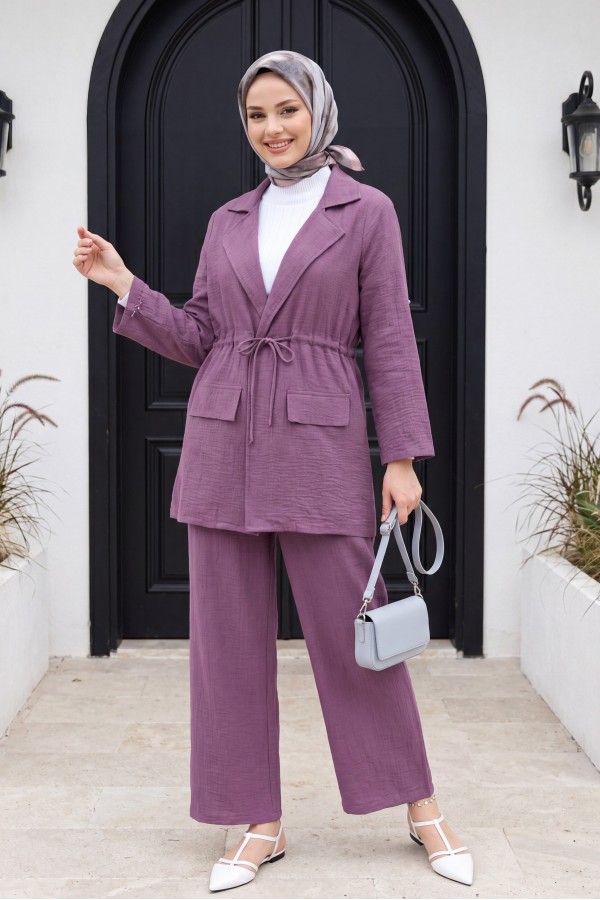 Covered Tunnel Bridge Jacket Linen Set -Damson